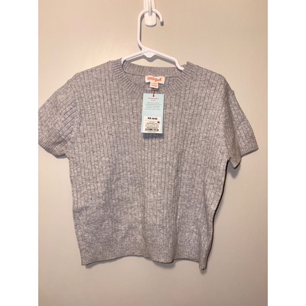 Cat & Jack Kids Heather Gray Ribbed Short Sleeve Sweater Top XS 4-5